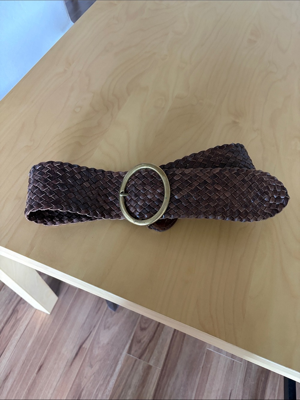 Jessica Simpson Brown Braided Leather Belt with Gold Tone Oval Buckle